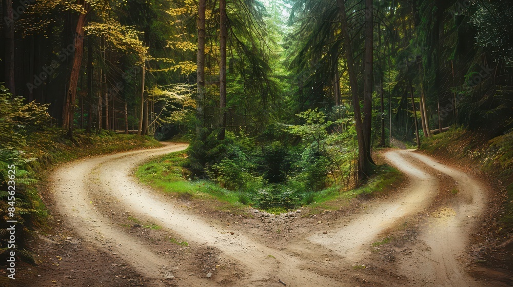 Fototapeta premium two roads diverging in forest symbolizing career choices and success or failure concept photo