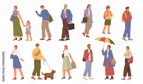 Strolling people, isolated set of men and women walking calmly. Vector young teenagers and children, adults and parents going to work or school. Fashionable personages with accessories and bags