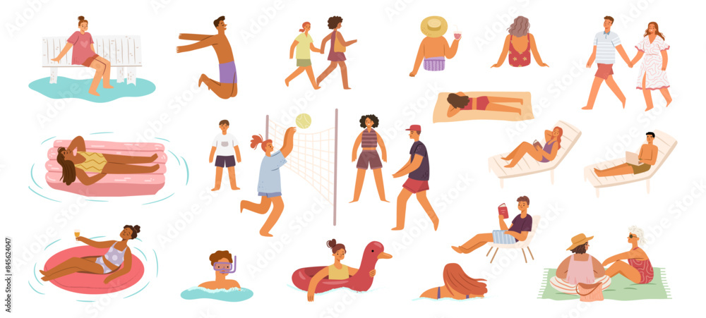 Summer seaside vacation. Vector people playing volleyball on beach and swimming, jumping and diving in sea. Sunbathing on desk chair or inflatable mattress, reading books and drinking cocktails Summer seaside vacation. Vector people playing volleyball on beach and swimming, jumping and diving in sea. Sunbathing on desk chair or inflatable mattress, reading books and drinking cocktails