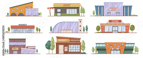 Shops and supermarkets with modern architectural style. Vector isolated set of city and town infrastructure. Buildings with bricks and wood, panoramic windows. Markets and shopping center, malls