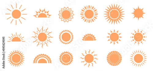 UI icon sun with rays, isolated set of sunshine and sunny weather indication. Vector icons of sunset and sunrise. Hot temperature and climate change, simple stylish stickers with sunbeams