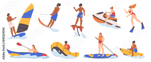 Water extreme sports and summer activities on vacation. Vector isolated set of people on jet, swimming underwater or diving, rowing or canoeing, riding on banana boat and trying windsurfing