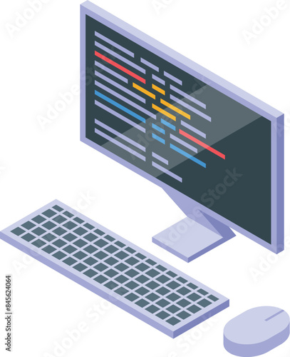 Computer programming code displaying on screen with keyboard and mouse isometric view