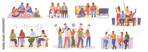 People meeting having fun together. Vector isolated friends spending time in club or karaoke, pub or bar, home or cinema. Watching movies or spending home in evening with board games activities