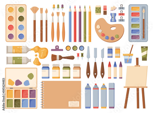 Set of tools for drawing. Vector watercolor, gouache oil and acrylic paints. Felt tip pens, colored pencils and different shaped brushes for painting, erasers and spatulas. Table and floor easels