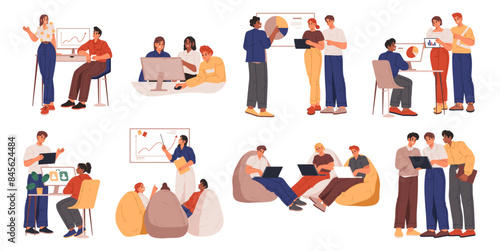 Employees working in team  isolated set of people dealing with project tasks. Vector business people showing ideas on presentation  brainstorming and thinking on solution of company problems