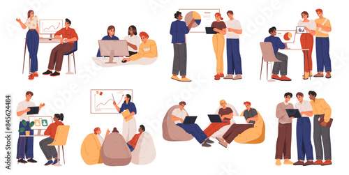 Employees working in team, isolated set of people dealing with project tasks. Vector business people showing ideas on presentation, brainstorming and thinking on solution of company problems