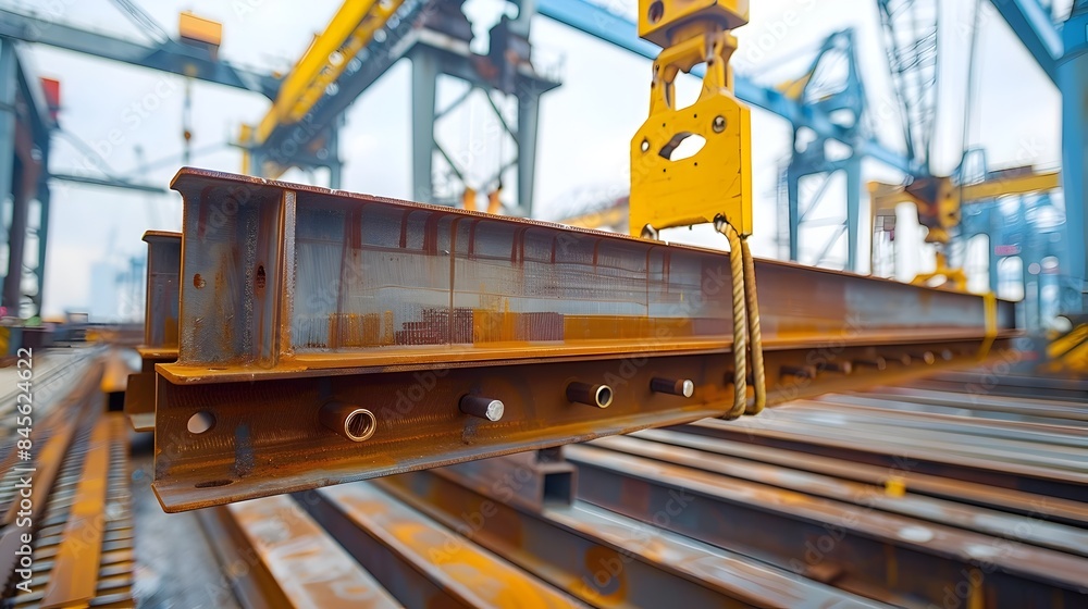 Powerful Steel Beams Lifted by Cranes at Dynamic Construction Site Heavy Industry Concept Powerful Steel Beams Lifted by Cranes at Dynamic Construction Site Heavy Industry Concept