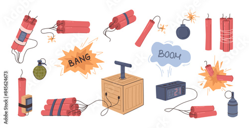 Bomb and dynamite explosion, boom and bang. Vector isolated set of explosive weapons used at mines and military tasks. Hand grenade and TNT with time and burning fuse with sparks and fire