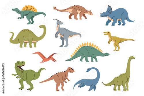 Jurassic period dinosaurs of different types. Vector isolated extinct animals species with long necks, thorns and claws. Flying and marine dino, prehistoric personages with fins and wings