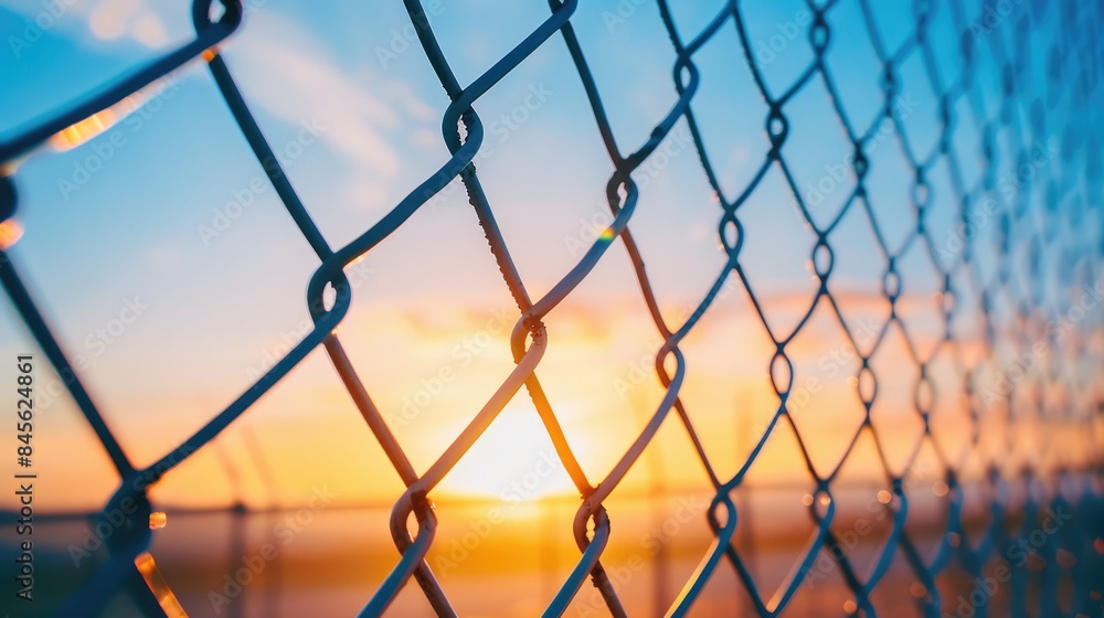 Fototapeta premium Wire Mesh or Metal Net Against a Sunset Background with a Blue Sky and a Gap in the Net