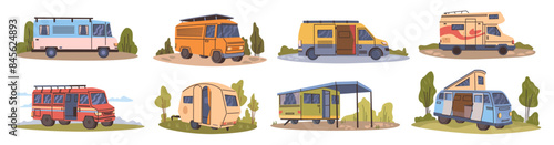 Caravans or RV for traveling and living. Vector isolated camper trailers with conveniences for passengers. Place to sleep on trip. Long distance journeys and vacation on nature. Automobiles set