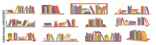 Books and houseplant on bookshelf. Vector isolated set of interior decoration. Library or bookstore with bestsellers and novels for bookworms and booklovers. Wall with stack of textbooks