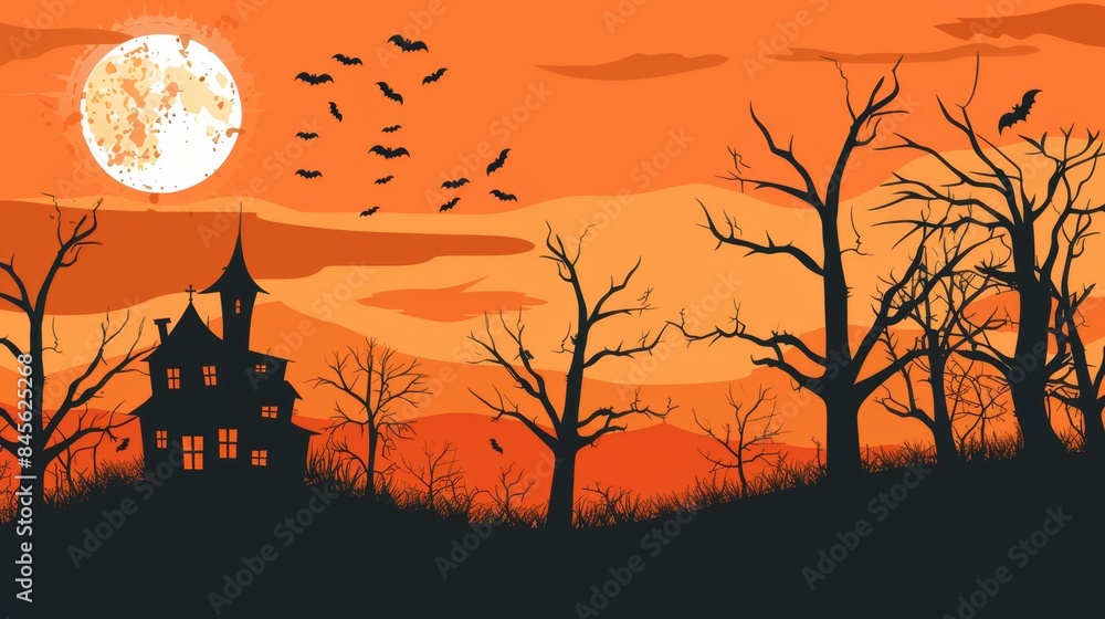 Spooky Halloween Scene with Haunted House and Bats, Generative AI Spooky Halloween Scene with Haunted House and Bats, Generative AI