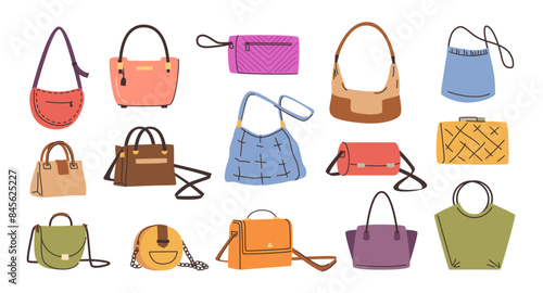 Women bags and accessories for girl outfits. Vector isolated stylish modern lady clutches and cross body purses. Modern and fashionable addition to looks. Variety of models with chains and decor