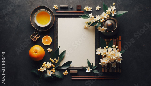 Japanese style-A blank white paper with some oranges and white Osmanthus fragrans(flowers) on the black table.