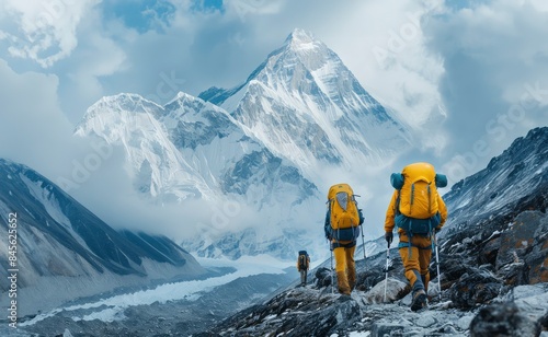 expedition Group of Mountaineering climbing up to summit the top of snowmountain Exproler discovery himalayas mountain Generative ai 