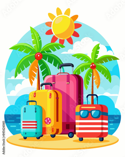 Suitcases on the background of an island with palm trees and an umbrella Travel