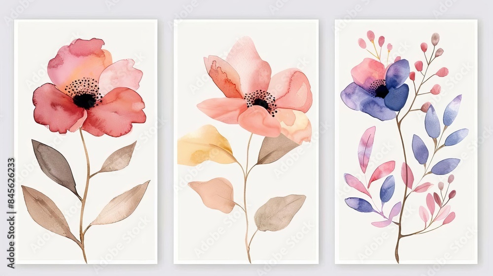Obraz premium vibrant floral art posters with delicate watercolor flowers concept illustration set