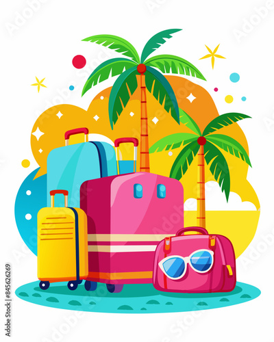 Suitcases on the background of an island with palm trees and an umbrella Travel