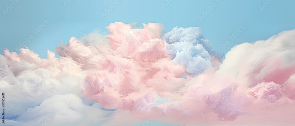 Fototapeta premium Soft billowy clouds in shades of cotton candy and baby blue on blue sky. 