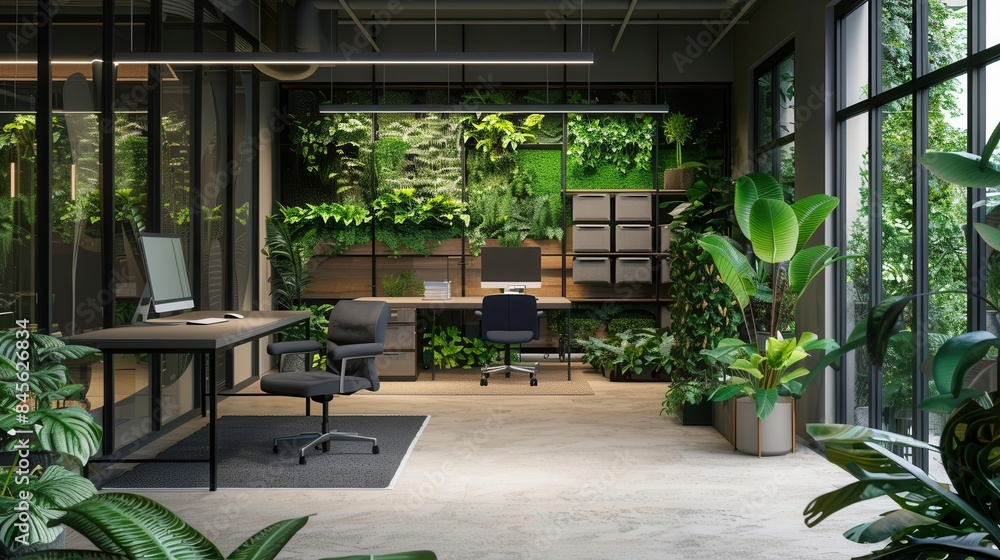 vibrant green biophilic office interior with abundant plants modern ...