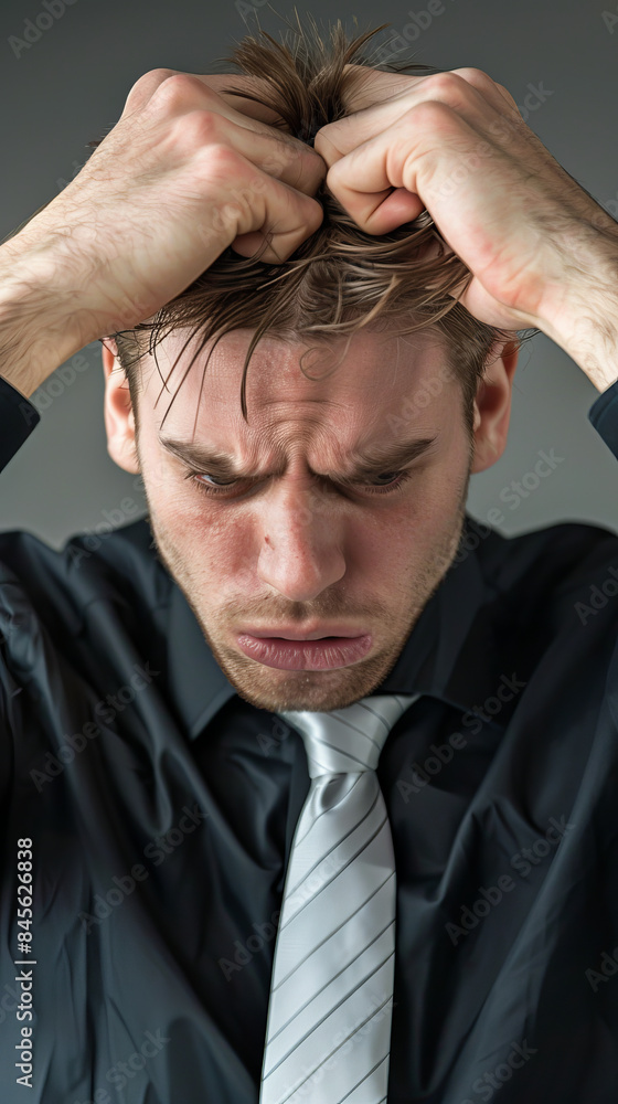 Stressed young man pulling his hair, close-up portrait. Emotional stress and anxiety concept
