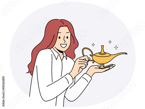 Smiling woman holding Aladdin lamp for granting wishes. Happy businesswoman with magical golden genie lamp in hands. Magic and dreams come true. Vector illustration.
