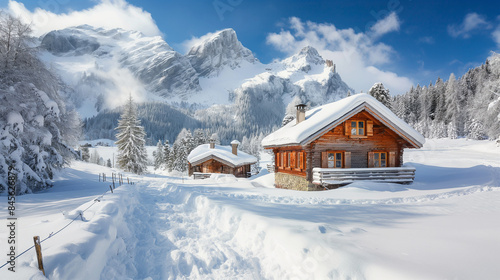 A secluded wooden cabin with smoke rising from the chimney stands against a snow-capped mountain backdrop