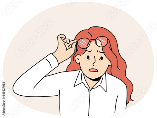 Shocked woman take off glasses astonished with news or message. Surprised female amazed with unbelievable notification. Vector illustration.