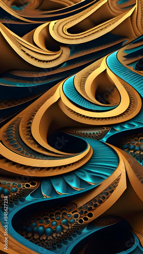 Abstract Blue And Gold Swirling Pattern With Geometric Stair Shapes
