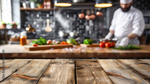 Empty wooden table with blurred background of chef cooking in restaurant kitchen