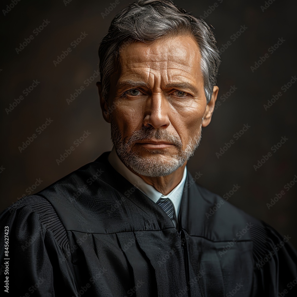 Serious mature male judge in a courtroom wearing a black robe, symbolizing justice and authority in a legal setting. Serious mature male judge in a courtroom wearing a black robe, symbolizing justice and authority in a legal setting.