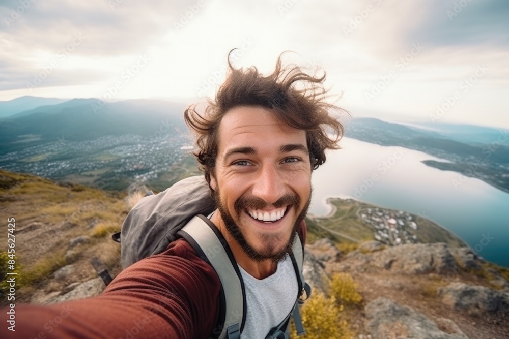 a happy person hiking in the mountain a happy person hiking in the mountain