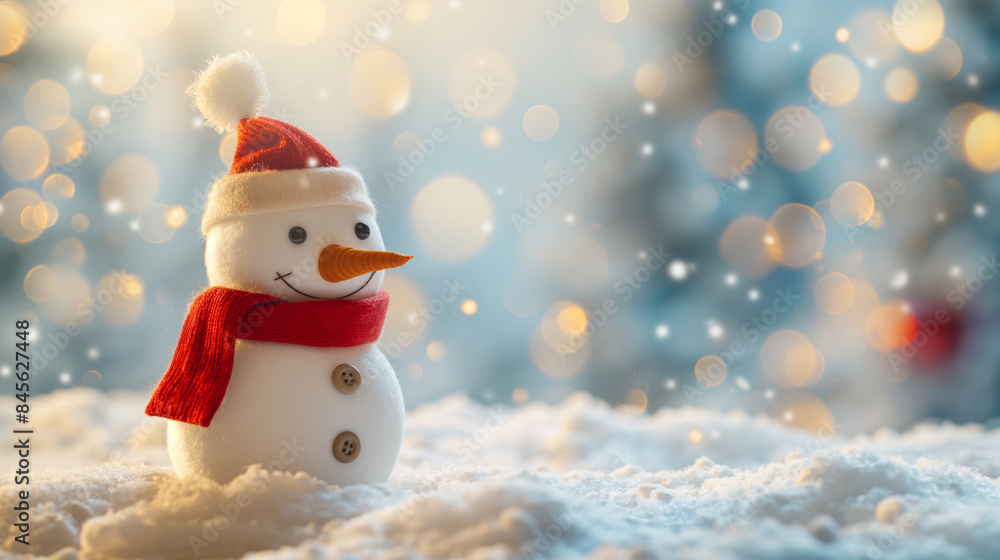 Cute snowman with a red scarf and Santa hat against a blurred winter backdrop with soft snowflakes Cute snowman with a red scarf and Santa hat against a blurred winter backdrop with soft snowflakes