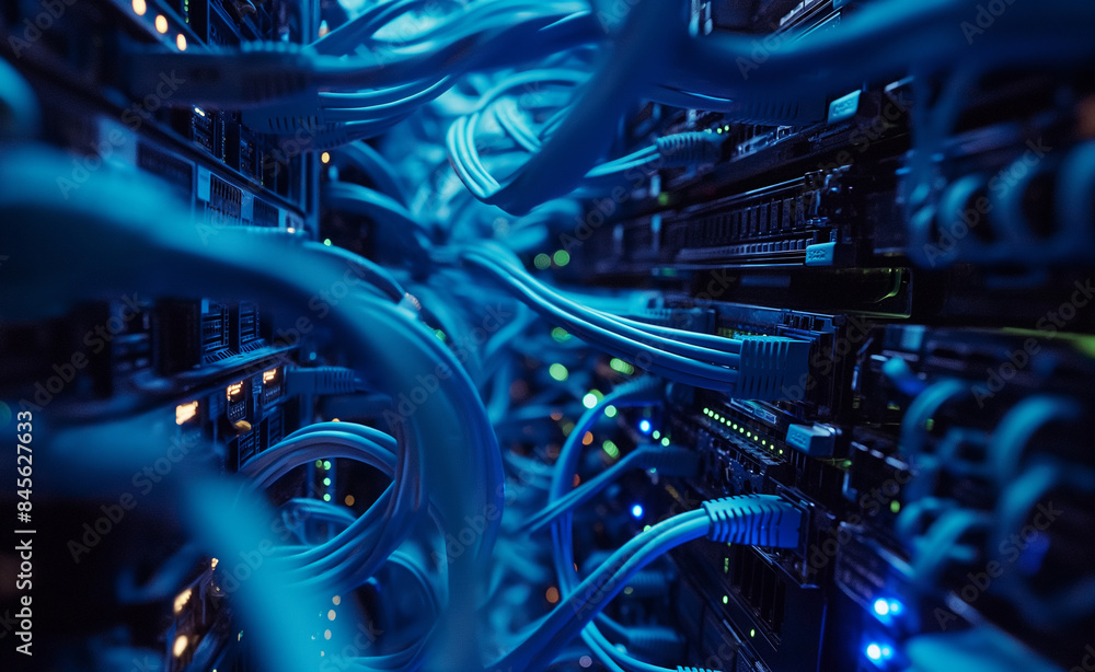 A data center aisle filled with neatly organized blue network cables connected to servers. A data center aisle filled with neatly organized blue network cables connected to servers.