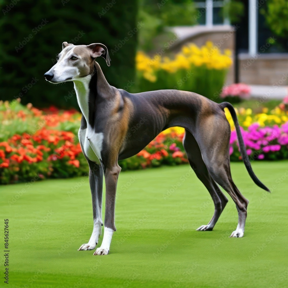 The Hungarian Greyhound lives in a bright garden - an image focused on the user's intelligence