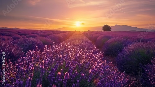 vibrant purple lavender field at sunset in valensole france landscape photography photo