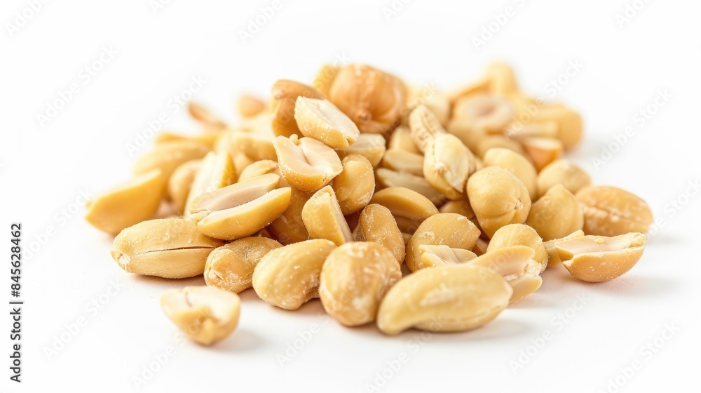 Close up shot of shelled peanuts on a white background Close up shot of shelled peanuts on a white background