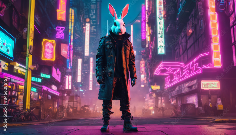 Obraz premium Cyberpunk Cityscape with Masked Figure in Rabbit Mask. Generative AI