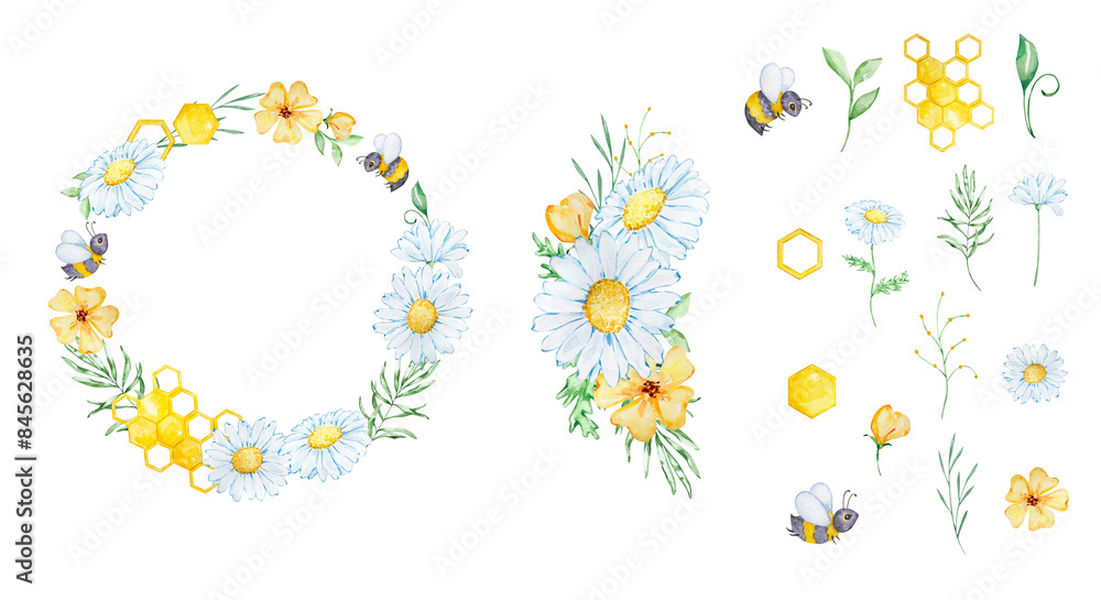 Obraz premium Watercolor floral frame with bee, honeycomb, daisy and leaves