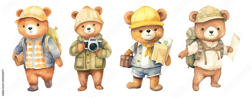 Fototapeta premium Cute teddy bear camping watercolor