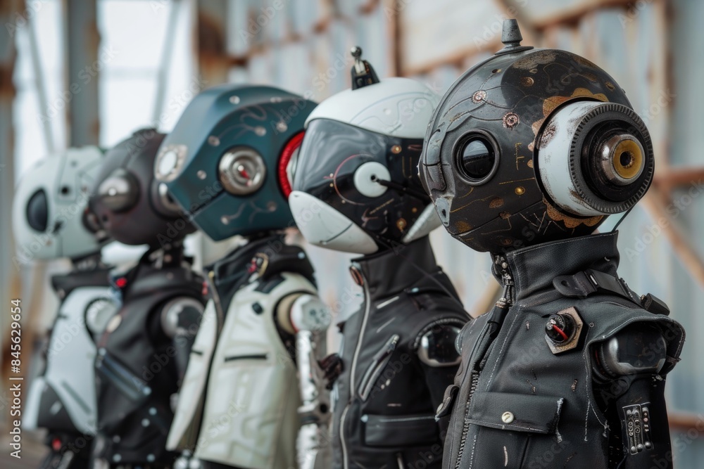 A group of robots are standing in a row, with one of them being the tallest A group of robots are standing in a row, with one of them being the tallest
