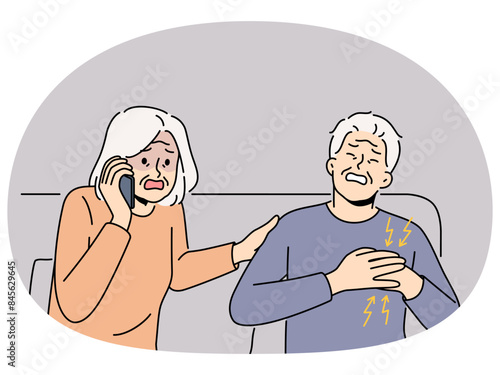 Scared old woman call ambulance worried about mature husband heaving heart attack. Terrified grandmother ring hospital emergency for grandfather suffer from infarct. Vector illustration.
