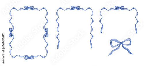 Blue frames set of watercolor ribbon and bow