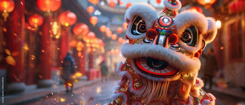 Fototapeta premium Vibrant Chinese lion dance costume, colorful and detailed, in a festive street setting