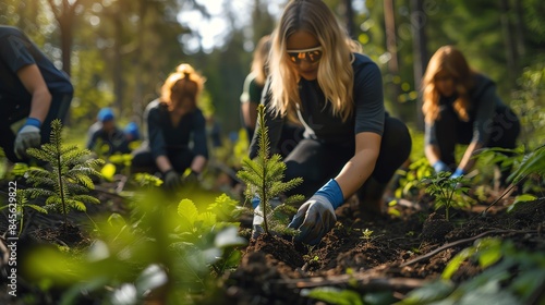 Volunteers planting trees in forest, soft lighting, teamwork, medium shot