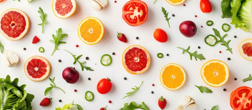 Pattern of fresh vegetables and fruits on white background, viewed from above. Promoting healthy eating with food composition and texture. Pattern of fresh vegetables and fruits on white background, viewed from above. Promoting healthy eating with food composition and texture.