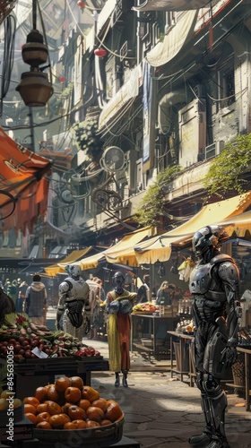 A futuristic cityscape with a group of robots standing in front of a fruit stand