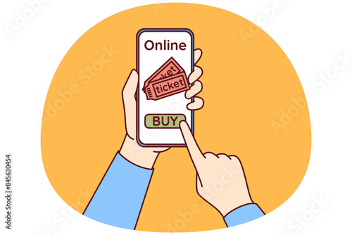Hands with mobile phone using applications to buy tickets for football match or concert of musical group. Smartphone with website selling tickets for entertainment events or educational seminars